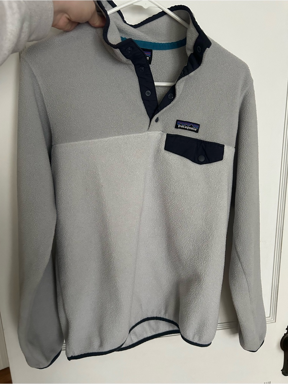 Patagonia Light Gray Fleece Pullover with Teal Trim and Navy Accents